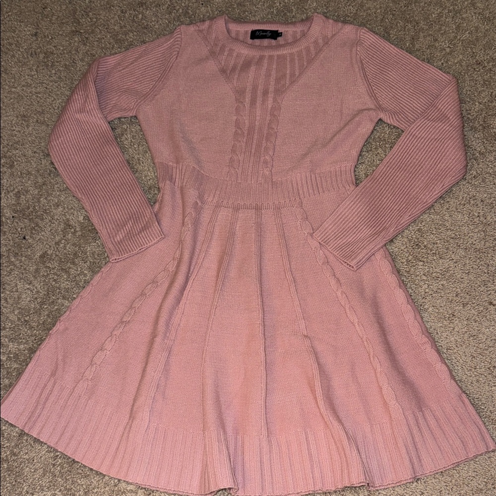 Cable Knit Long Sleeve Pink Sweater Dress